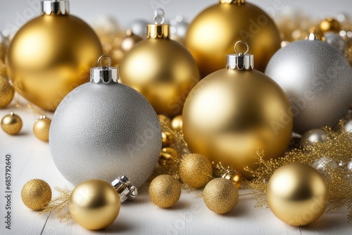 Golden and silver Christmas balls near pine branches, reflecting on a shiny white surface. 