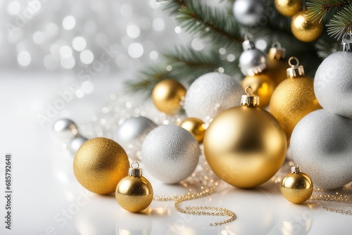 Golden and silver Christmas balls near pine branches, reflecting on a shiny white surface. 