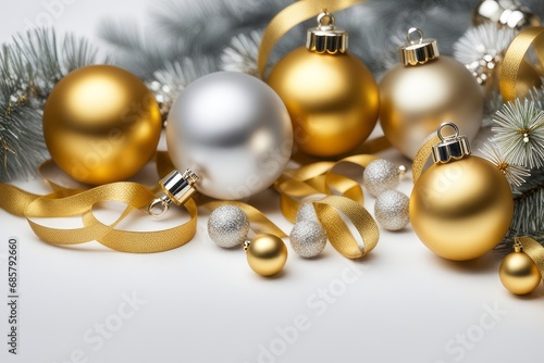 Golden and silver Christmas balls near pine branches, reflecting on a shiny white surface. 