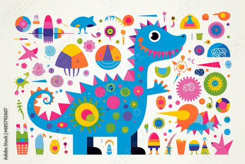 Whimsical illustration of a blue cartoon dinosaur with colorful abstract patterns on a white background