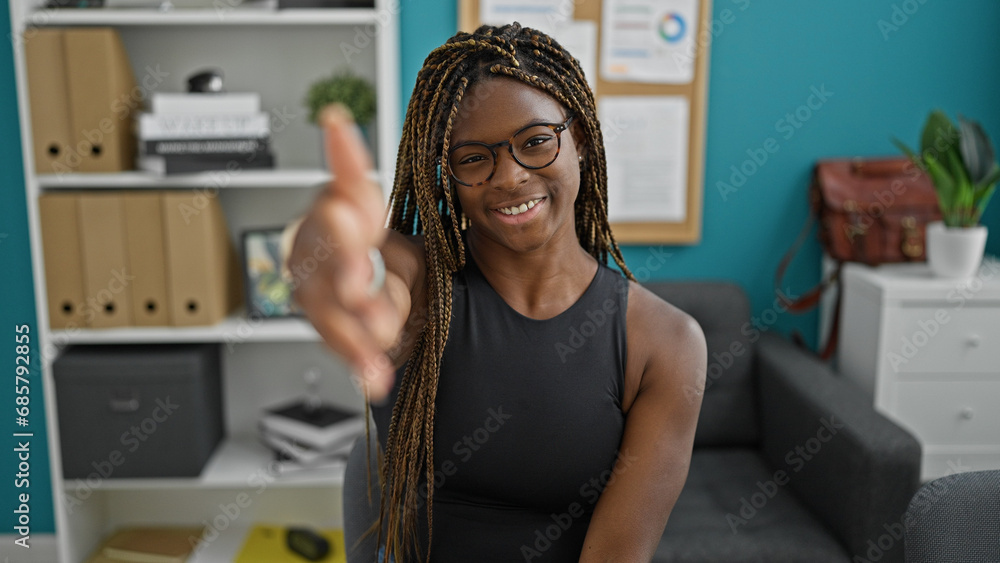 African american woman business worker smiling confident shake hand at the office African american woman business worker smiling confident shake hand at the office