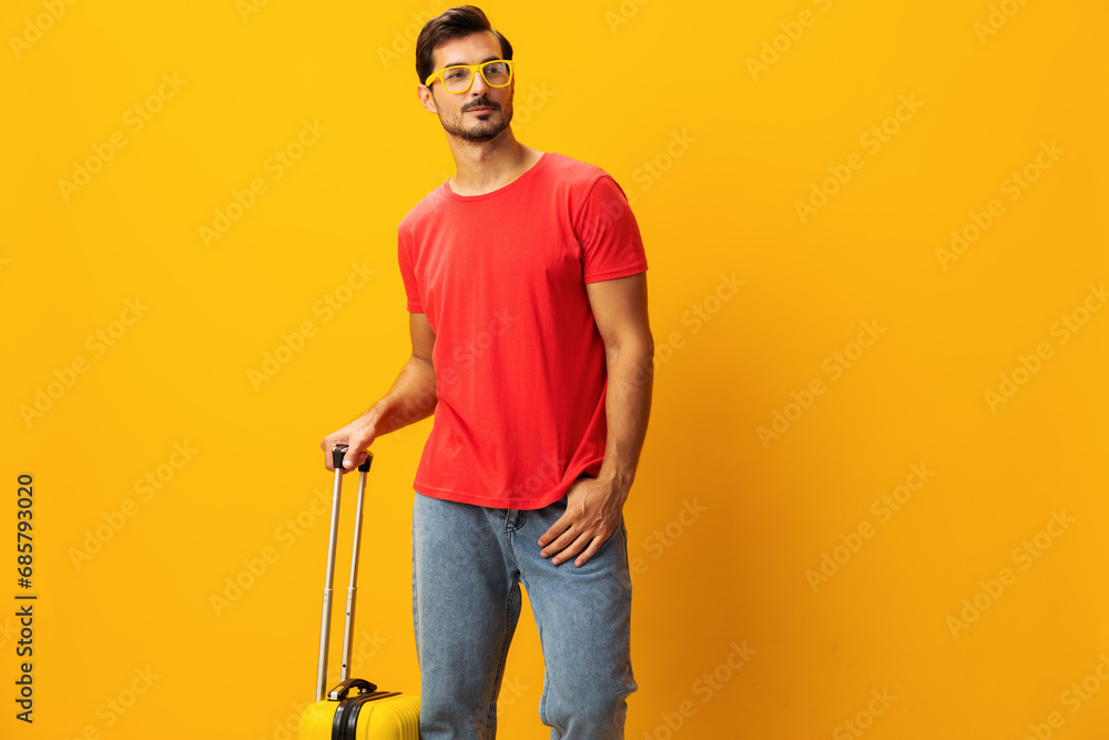 Background man vacation traveler trip studio suitcase guy journey happy weekend yellow travel baggage flight Background man vacation traveler trip studio suitcase guy journey happy weekend yellow travel baggage flight