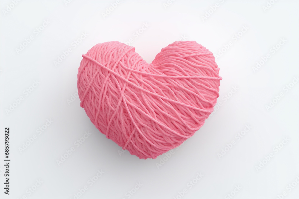 Pink yarn ball shaped like a heart on white background