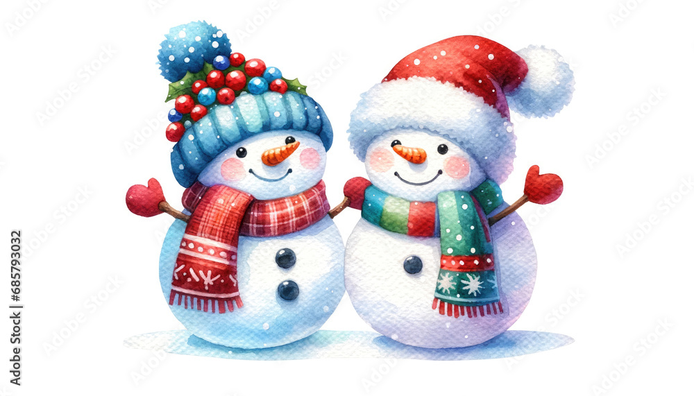 Happy snowmen on a white background, painted in a watercolor style. Generative ai. Happy snowmen on a white background, painted in a watercolor style. Generative ai.