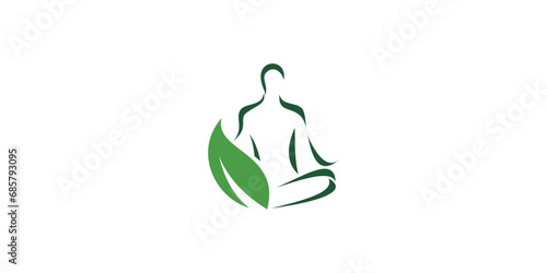 Meditation Yoga Studio Logo, abstract human figure and leaves, black and white vector logo icon