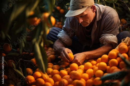 A man outside in garden with organic mandarins wich are ready for sale, mandarin picker, healthy lifestyle, quality food