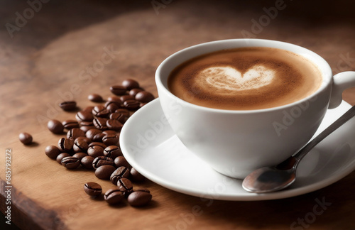 Bodegón con taza de café y granos de café sobre mesa de madera.