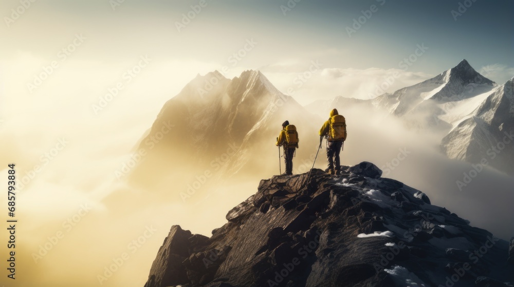 Two hikers hiking on a snowy and foggy mountain peak