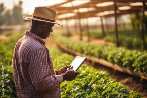 African farmer using tablet for research leaves of plant in organic farm.