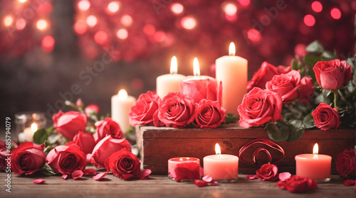 Enchanting Valentine s Embrace  A Dreamy Backdrop of Love with Roses  Hearts  and Candles for Personalized Messages in Warm and Inviting Hues