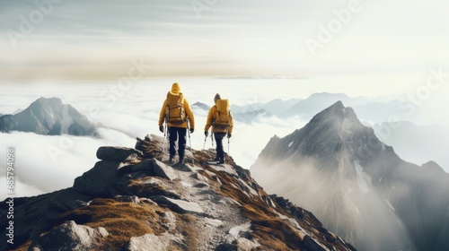 Two hikers hiking on a snowy and foggy mountain peak © Instacraft.Studio