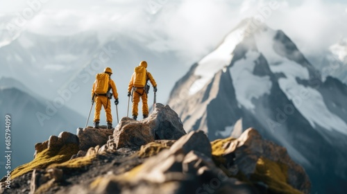 Two miniature hikers hiking on a snowy and foggy mountain peak © Instacraft.Studio