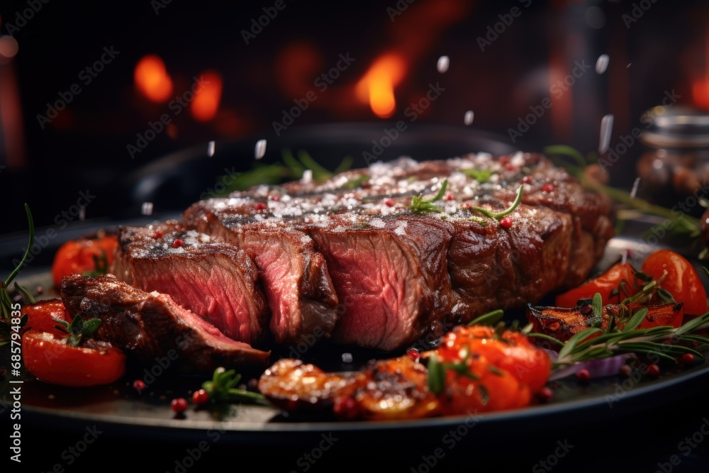 Close up of beef steak on plate, created