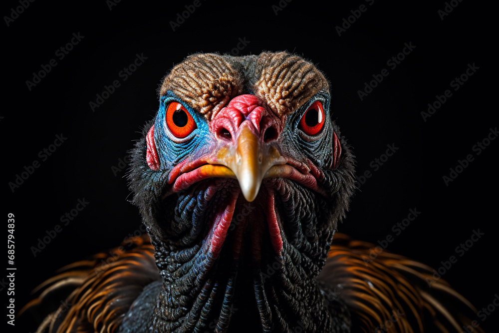 Close-up of a colorful turkey head against a black background