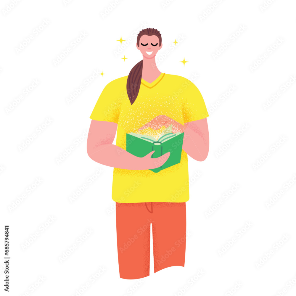 Cartoon Character Girl Hold Green Book and Reading Day Concept Learn and Relax Flat Design Style. Vector illustration Cartoon Character Girl Hold Green Book and Reading Day Concept Learn and Relax Flat Design Style. Vector illustration