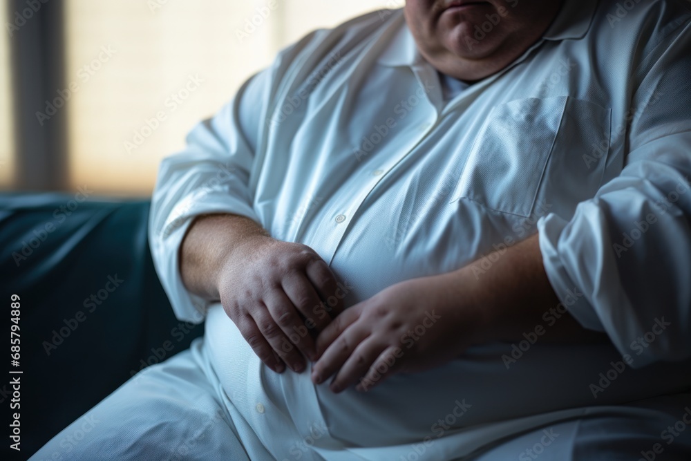 Close up of overweight patient in hospital gown waiting for medical examination, Close up of overweight patient in hospital gown waiting for medical examination,