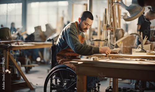 Man In Wheelchair Working At Woodworking Factory