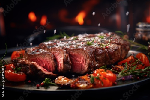 Close up of beef steak on plate, created