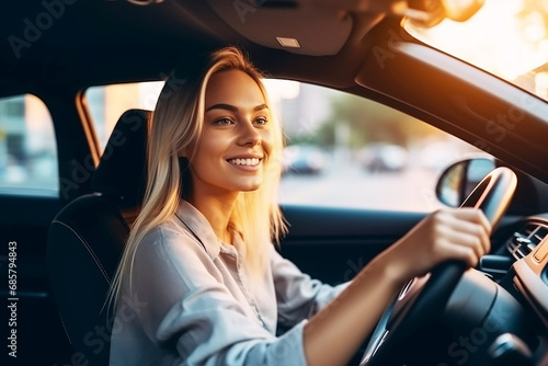Woman smiling driving a car on road © Inlovehem