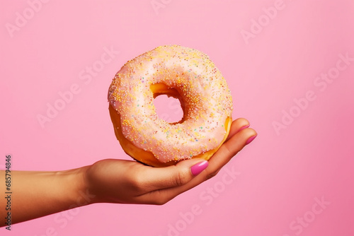 Woman holding a donut in hand