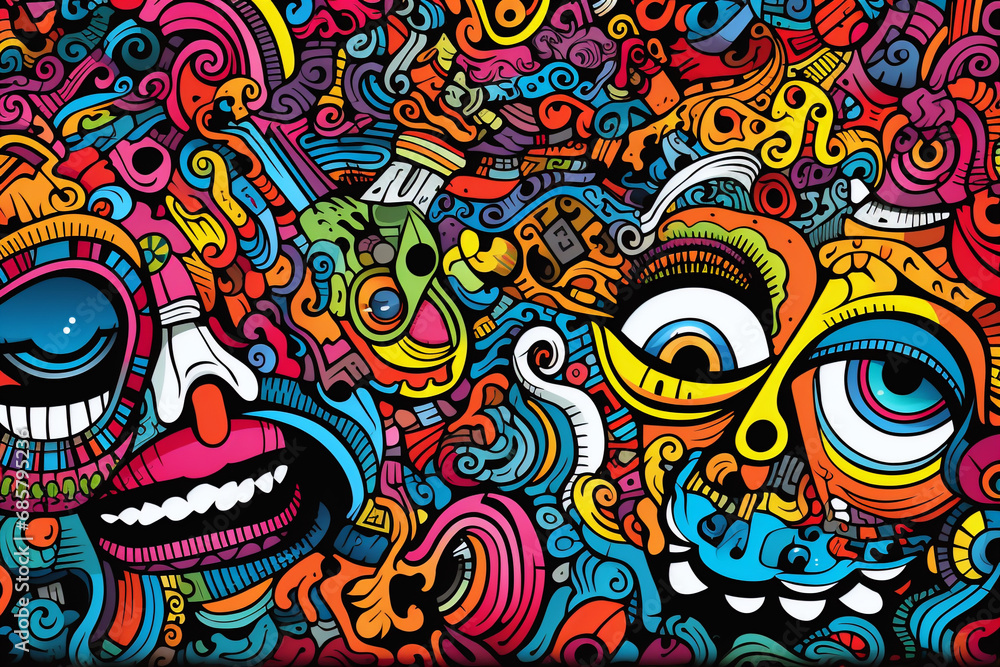Whimsical doodle art with colorful abstract shapes