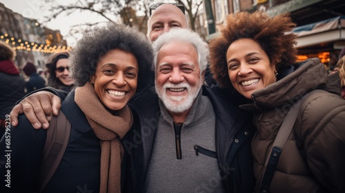 Crowd of generations hugging each other outdoors