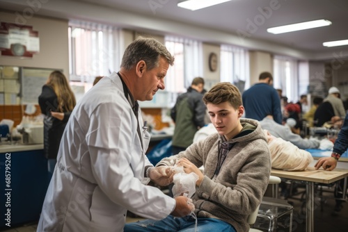 Doctor checking the orthopedic cast, brace on a teenage patient's broken