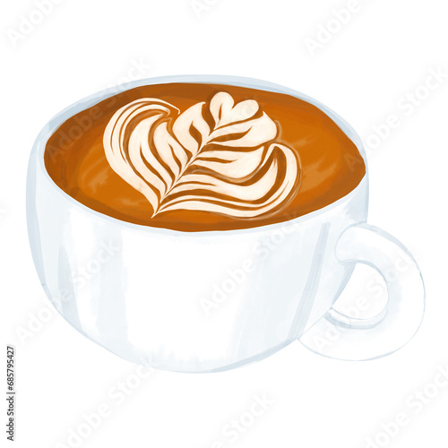 A hand drawn of coffee with latte art in white cup