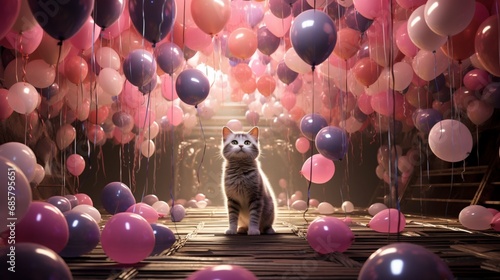 A charming cat exploring a room filled with floating balloons, creating a whimsical indoor wonderland.