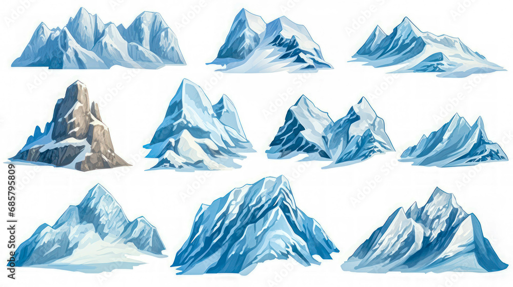 Watercolor Style Illustration of Snowy Mountains Collection Set, Illustration Isolated on White Background, Watercolor Clipart for Architecture and Landscape Design