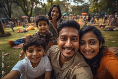 indian families enjoy day outdoors at a city park with a picnic photo