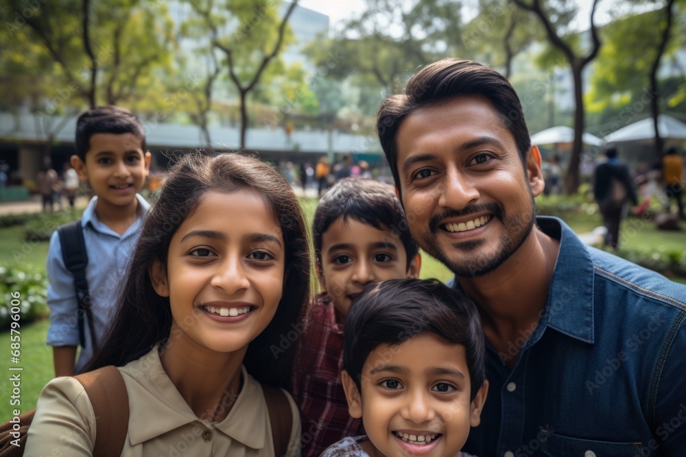 indian families enjoy day outdoors at a city park with a picnic - obrazy, fototapety, plakaty 