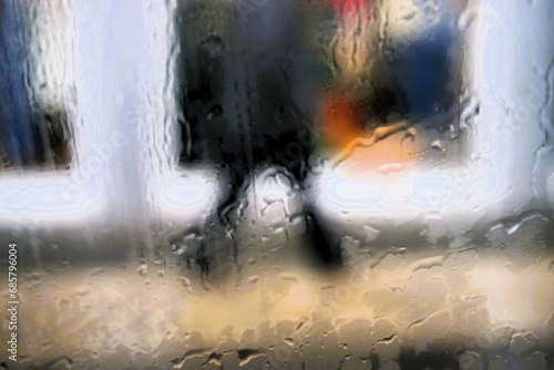Abstraktes Motiv mit Wassermuster auf Glasscheibe vor schwarz gekleideter Frau auf Gehweg vor Schaufenster mit bunten Stoffen und Licht in Stadt bei Regen am Morgen im Winter