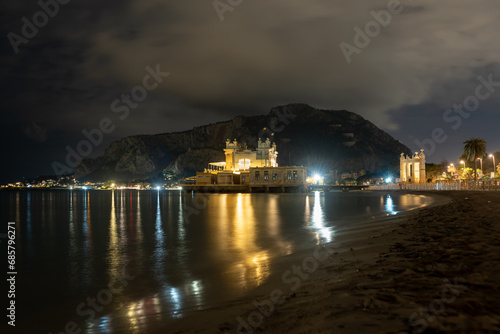 Landscape of Mondello Beach Near The City Of Palermo, In The South Of Italy Illuminated At Night In Summer