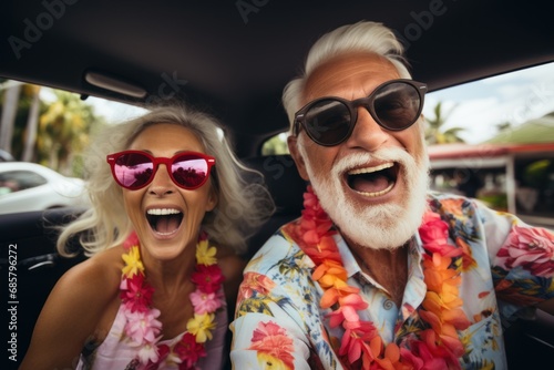 Happy senior multiracial couple having fun on road trip summer © sirisakboakaew