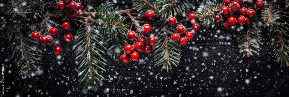 Falling Snow On A Black Background Evergreen Pine Branches And Red Berries On Wooden Background