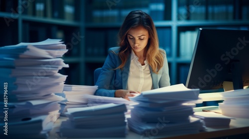 Businesswoman working in Stacks of paper files for searching information on work desk in office, against the backdrop of a shelf with books