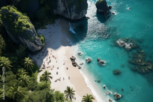 an aerial photograph with the camera pointing straight down at the Phuket, Railay beach, a beautiful sea-surrounded landscape in noon light, cinematic lighting,