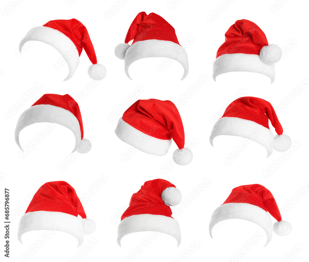 Red Santa Claus hat isolated on white, set Red Santa Claus hat isolated on white, set
