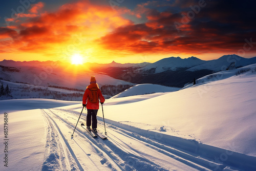 Skiers jump on snow against with sunset