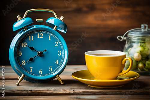 alarm clock and cup of coffee on the table