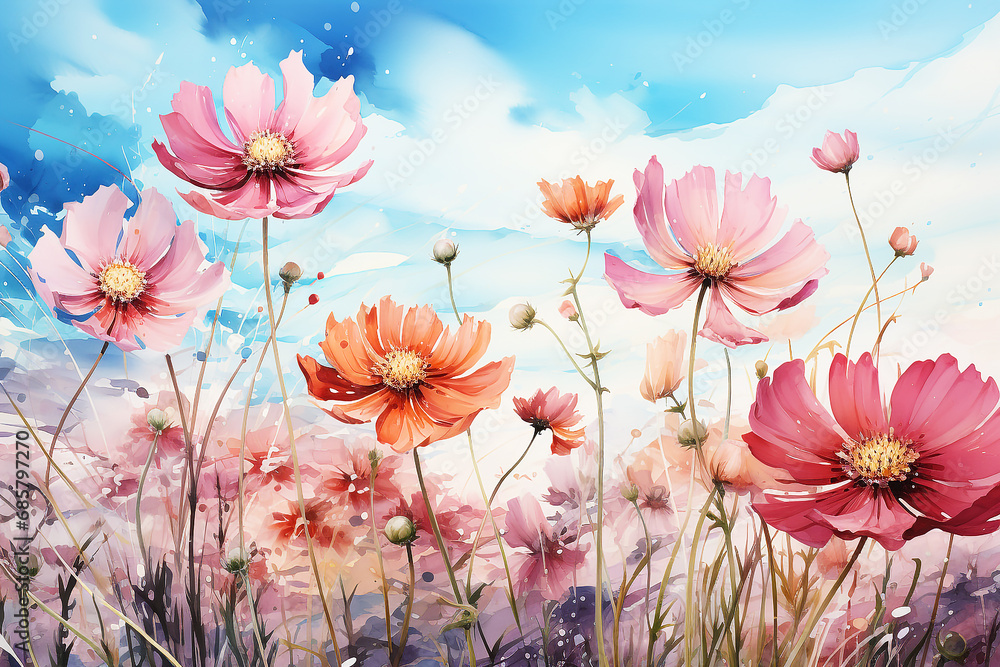Beautiful watercolor cosmos flower field