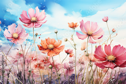 Beautiful watercolor cosmos flower field © Inlovehem