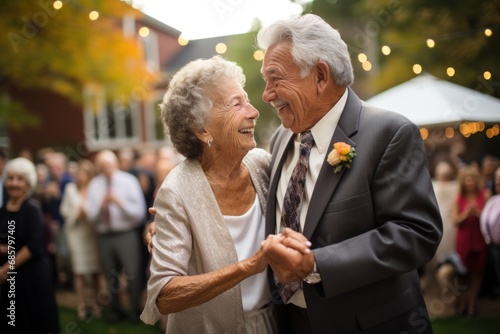 Mature bride and groom receiving congratulations at wedding reception