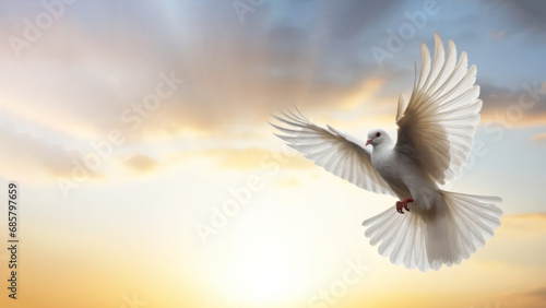 A white pigeon flies in the sky with a place for text. Dove of peace. AI generative