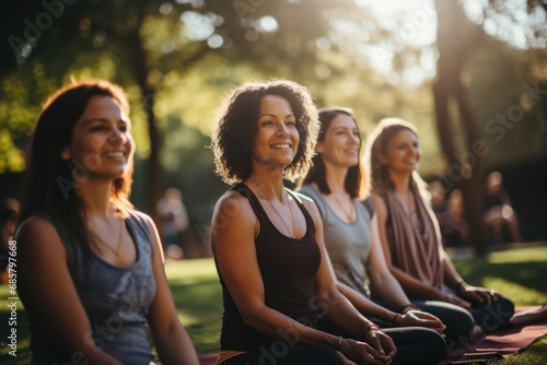 Multi generational women doing yoga exercise at park