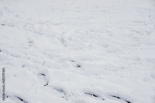 Schneebedeckte Wiese mit Fußabdrücken am Nachmittag im Winter © Anette