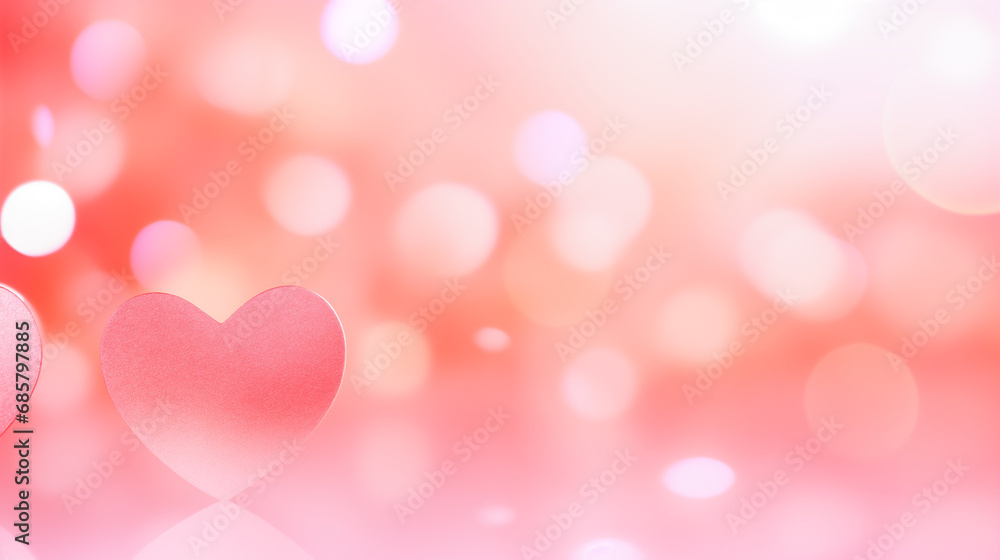 A shiny pink heart on a pink and orange bokeh background with bokeh lights scattered throughout. Dreamy and romantic feel.