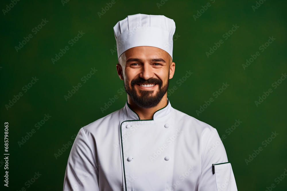 Happy chef with arms crossed on green background Happy chef with arms crossed on green background