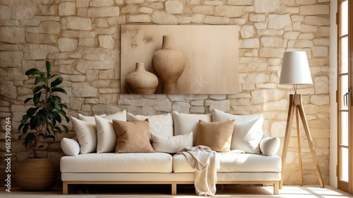 White sofa with beige pillows and floor lamp against window near stone cladding wall. Mediterranean home interior design of modern living room, Generative AI
